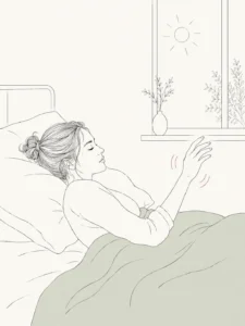 Woman waking up and shaking out a numb arm after sleeping on her side