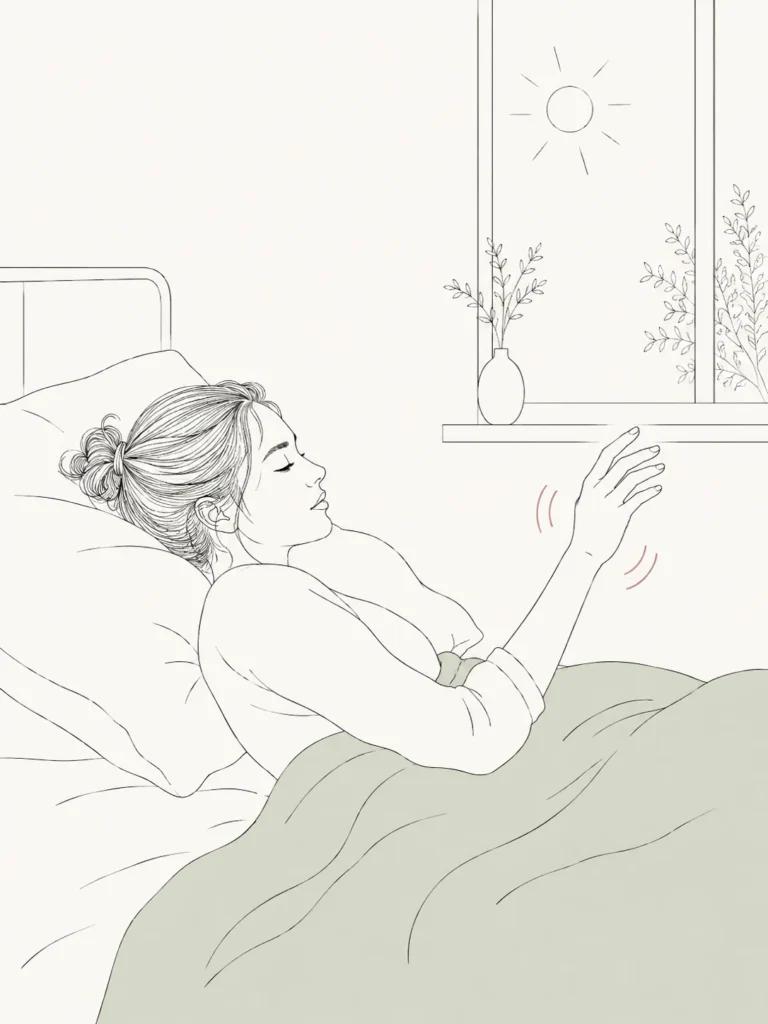 Woman waking up and shaking out a numb arm after sleeping on her side