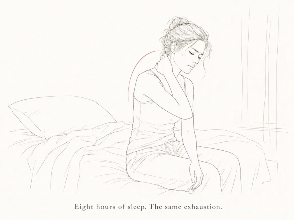 Woman sitting on the edge of her bed in the morning holding her neck after waking up with neck pain and stiffness as a back sleeper