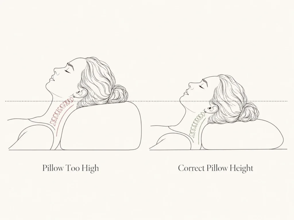 Diagram showing cervical spine flexion in back sleeper with pillow too high versus neutral spinal alignment with correct low-loft pillow — pillow height for back sleepers
