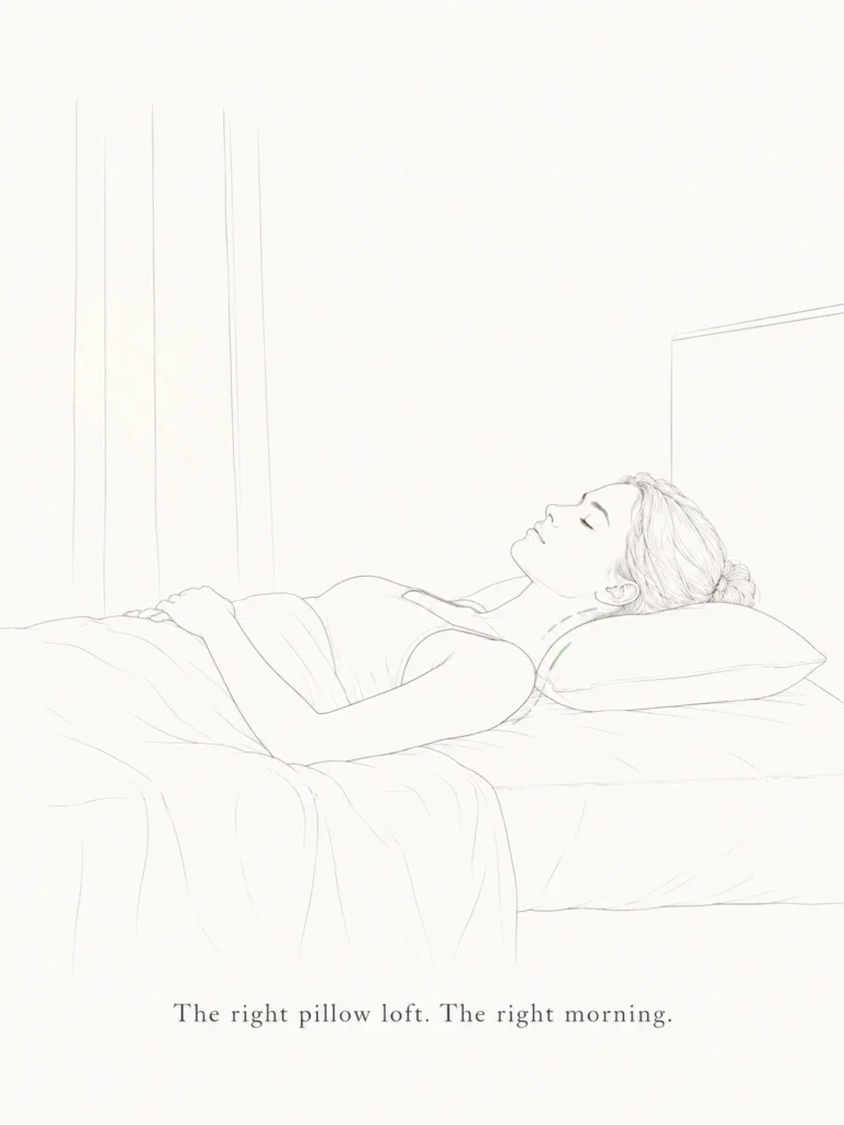Woman lying comfortably on her back in bed with a calm morning expression — restorative sleep for back sleepers with correct pillow height and cervical alignment