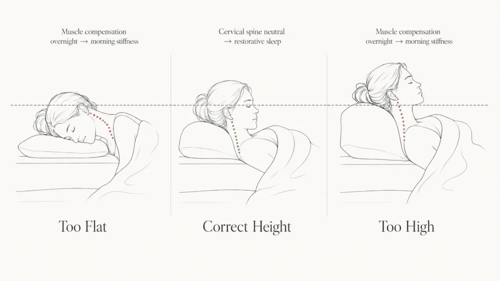 Infographic showing three pillow heights for side sleepers — too flat causing cervical misalignment, correct height with neutral spine, too high causing neck strain