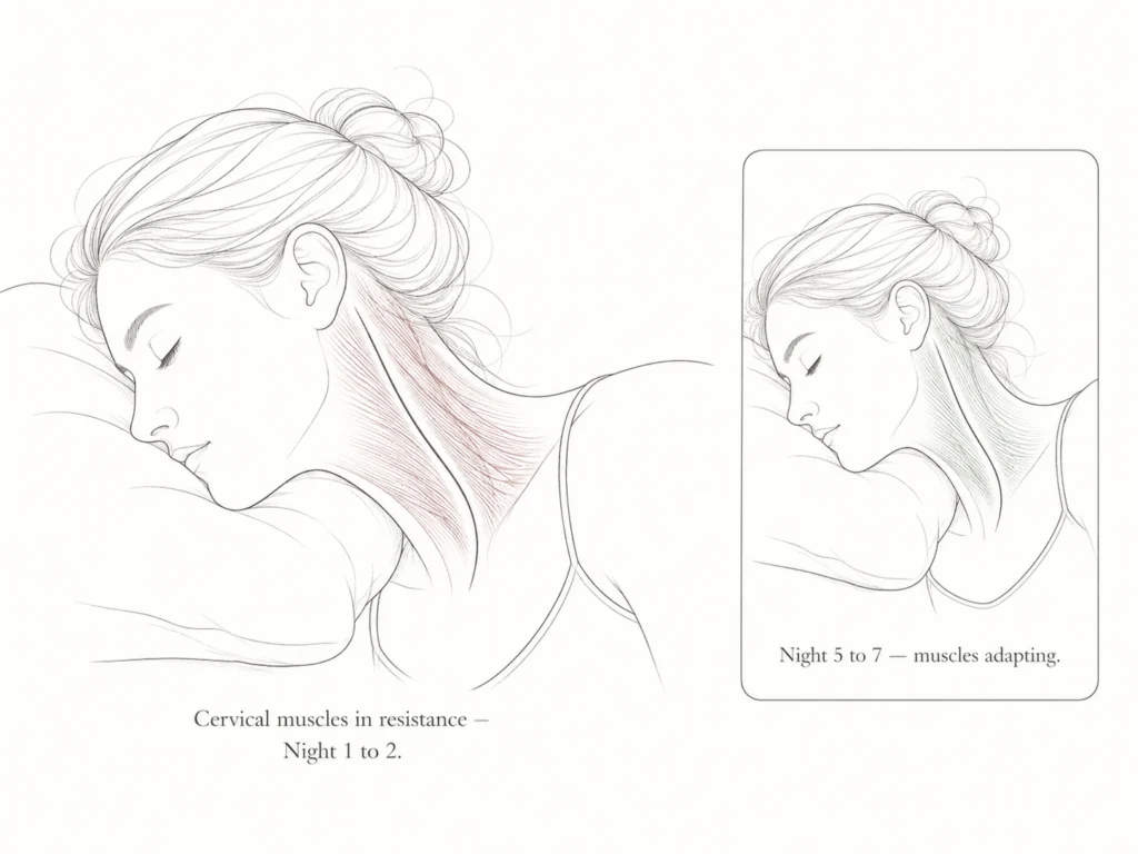 Cervical muscle tension during pillow adjustment — Night 1 resistance versus Night 5 adaptation illustration