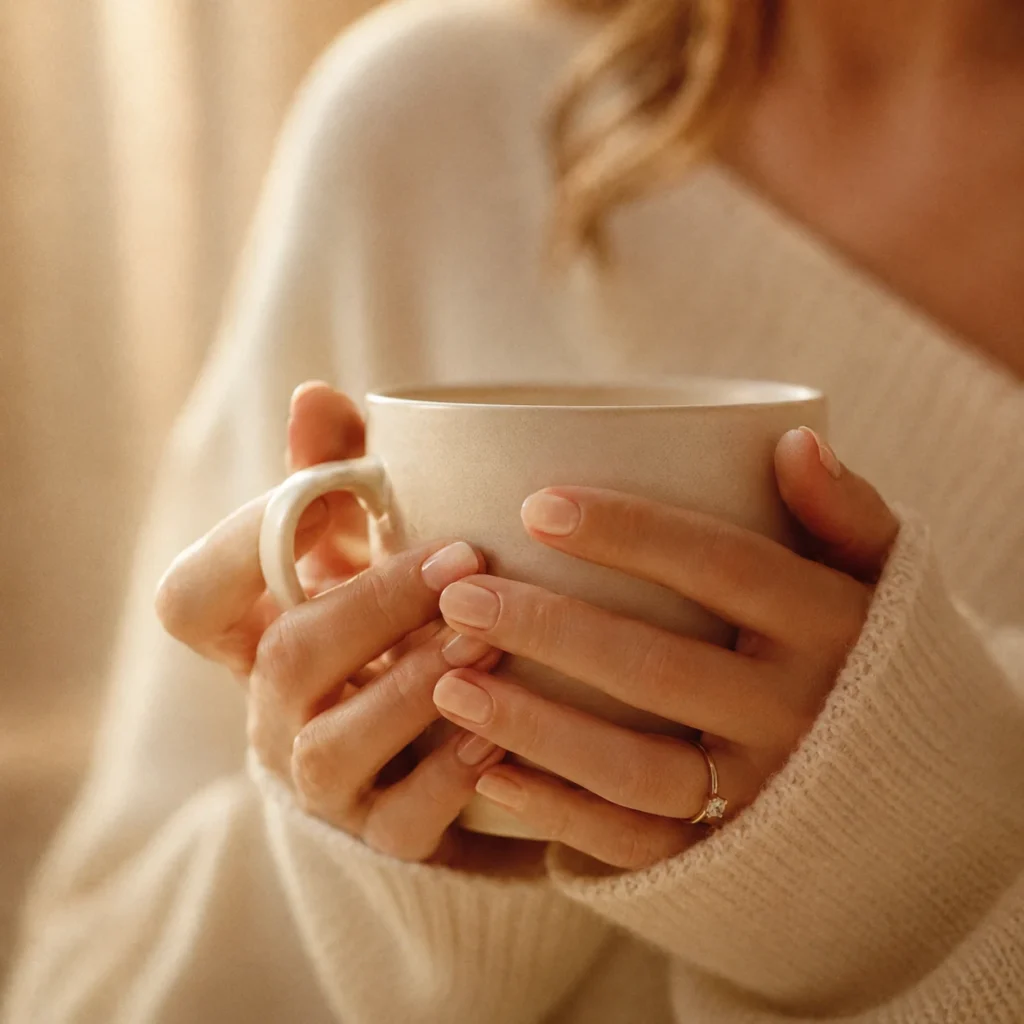 Emma Hartley holding a warm coffee cup on a quiet morning before starting her day at Fondielle