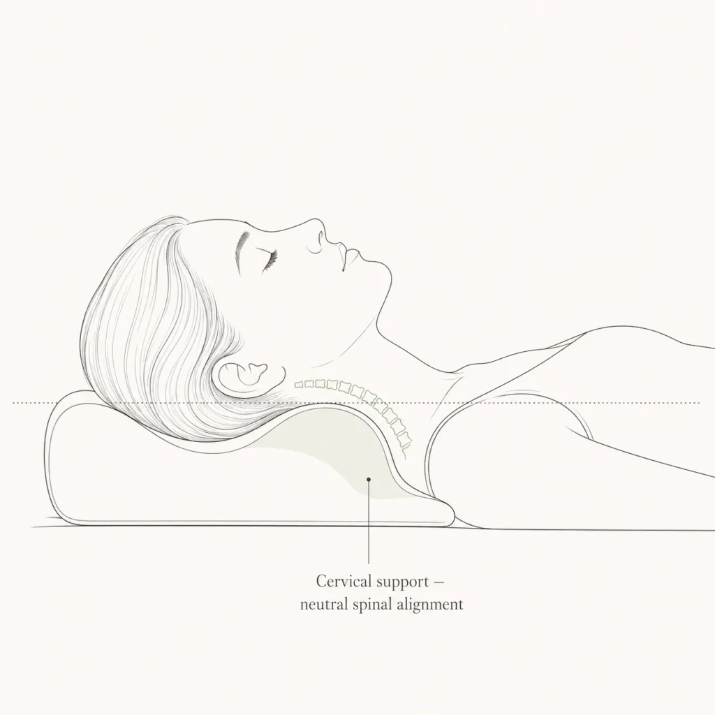 Woman lying on her back on an ergonomic contour pillow 
with cervical bolster supporting neutral spinal alignment 
— back sleeper pillow with correct loft for neck pain relief