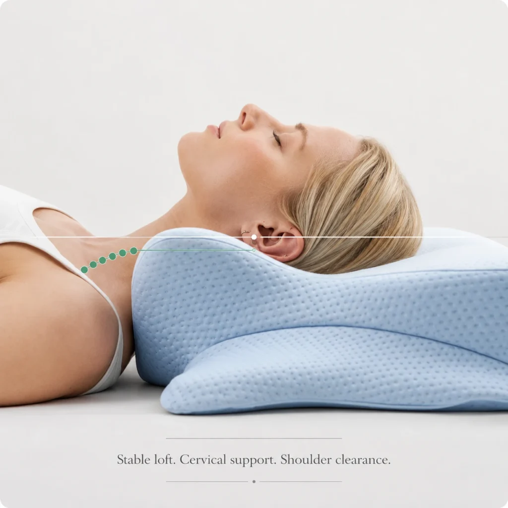 Ergonomic contour memory foam pillow with cervical support zone shown in lateral profile, illustrating correct head and neck alignment for side sleepers