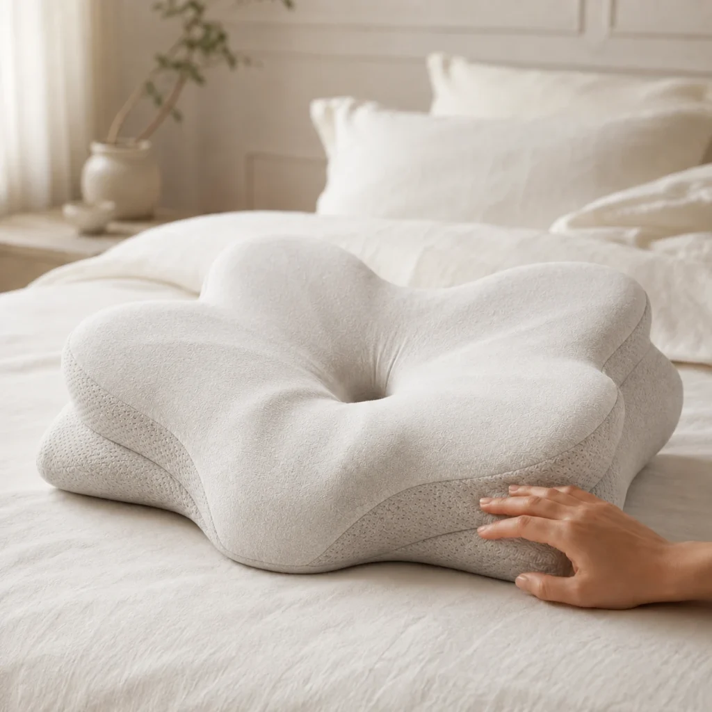 Ergonomic butterfly contour pillow on white linen bedding showing cervical ridge and shoulder clearance zones for side sleepers