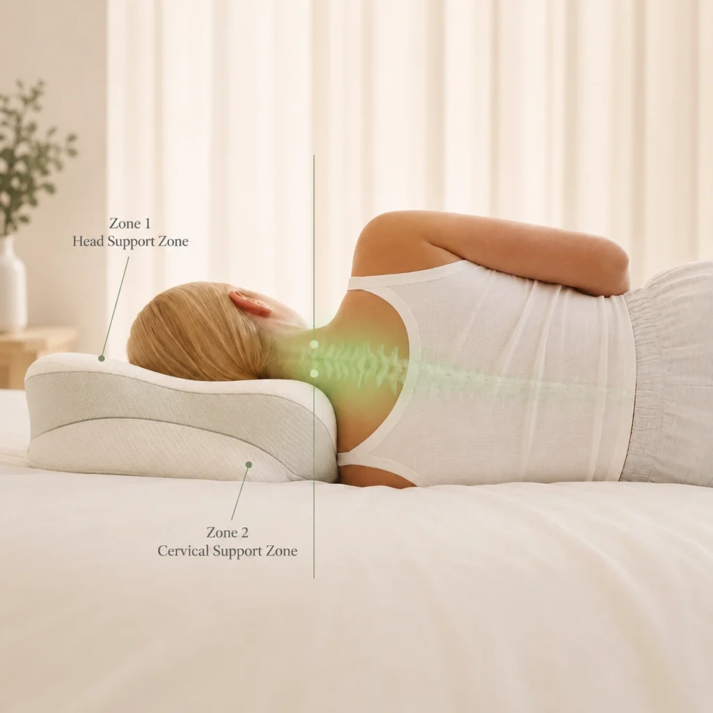 Ergonomic contour pillow with head and cervical support zones for women still tired after 8 hours of sleep