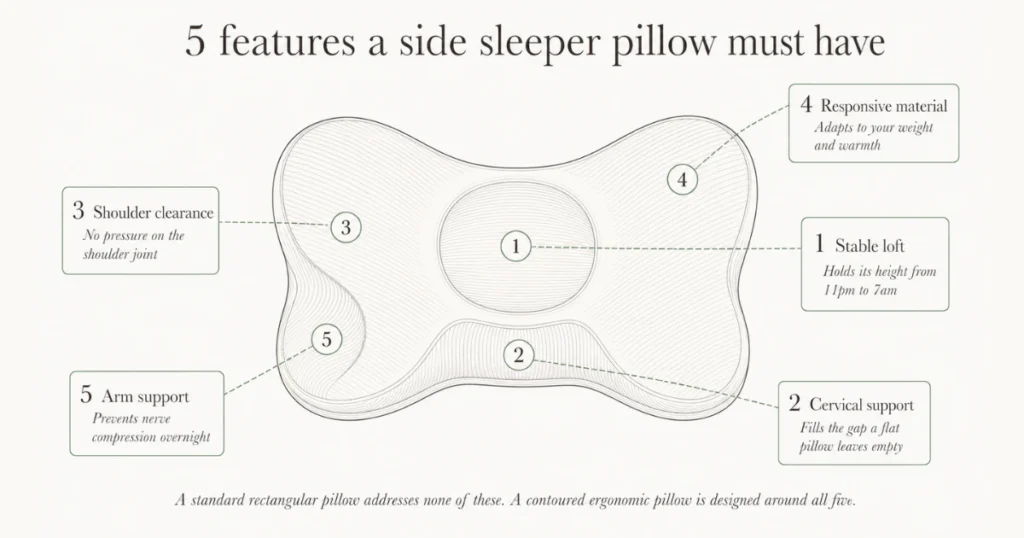 Top-down diagram of an ergonomic butterfly-shaped contour pillow showing five labeled support zones: stable loft head cradle, cervical support ridge, shoulder clearance wings, responsive memory foam material, and arm support indentation