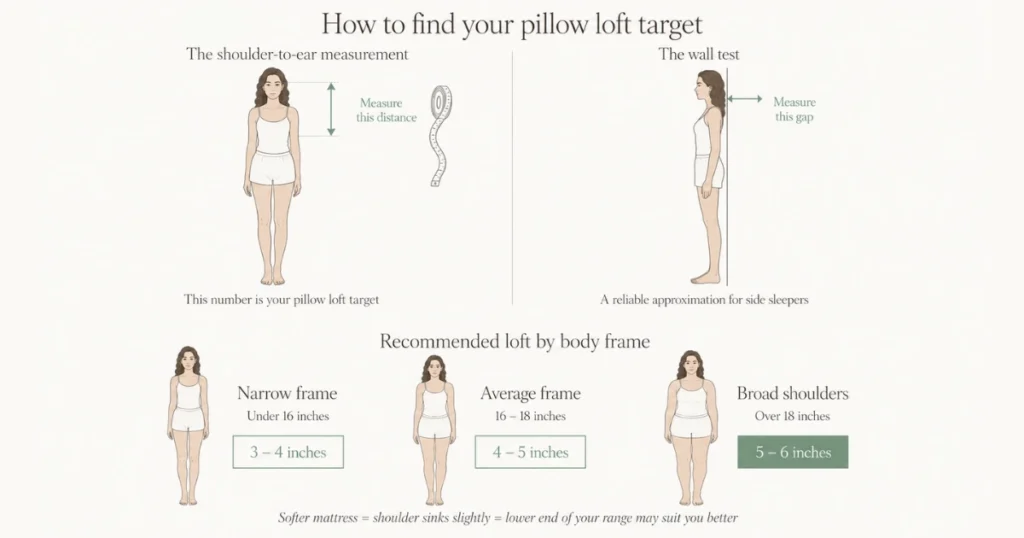 Step-by-step illustration showing how to measure pillow height for side sleepers: shoulder-to-ear measurement and wall test method, with reference chart showing recommended loft by body frame