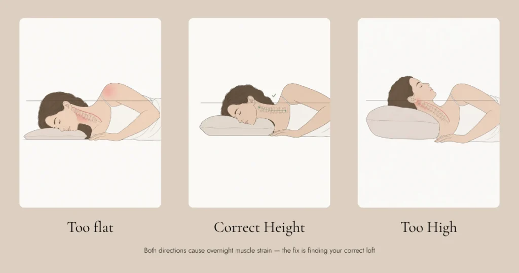 Three panels comparing pillow height for side sleepers: pillow too flat causing neck to droop, correct pillow height with neutral spine alignment, pillow too high pushing neck upward