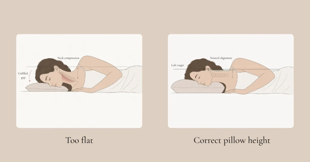 Two side-by-side illustrations showing a woman sleeping on her side: left panel with pillow too flat causing neck misalignment, right panel with correct pillow height and neutral cervical spine