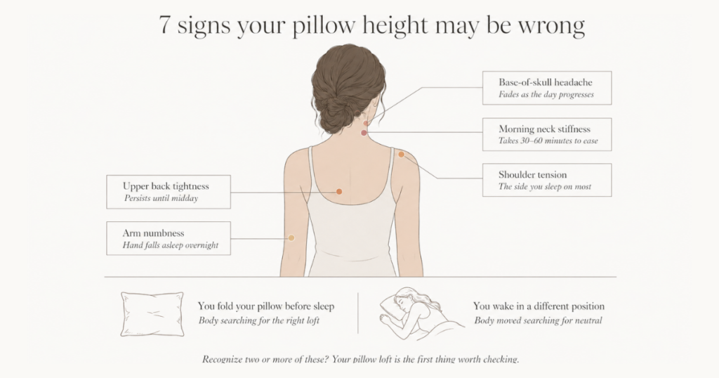 Symptom map showing a woman from behind with five highlighted pain zones: base-of-skull headache, morning neck stiffness, shoulder tension, upper back tightness, and arm numbness — all linked to incorrect pillow height during sleep