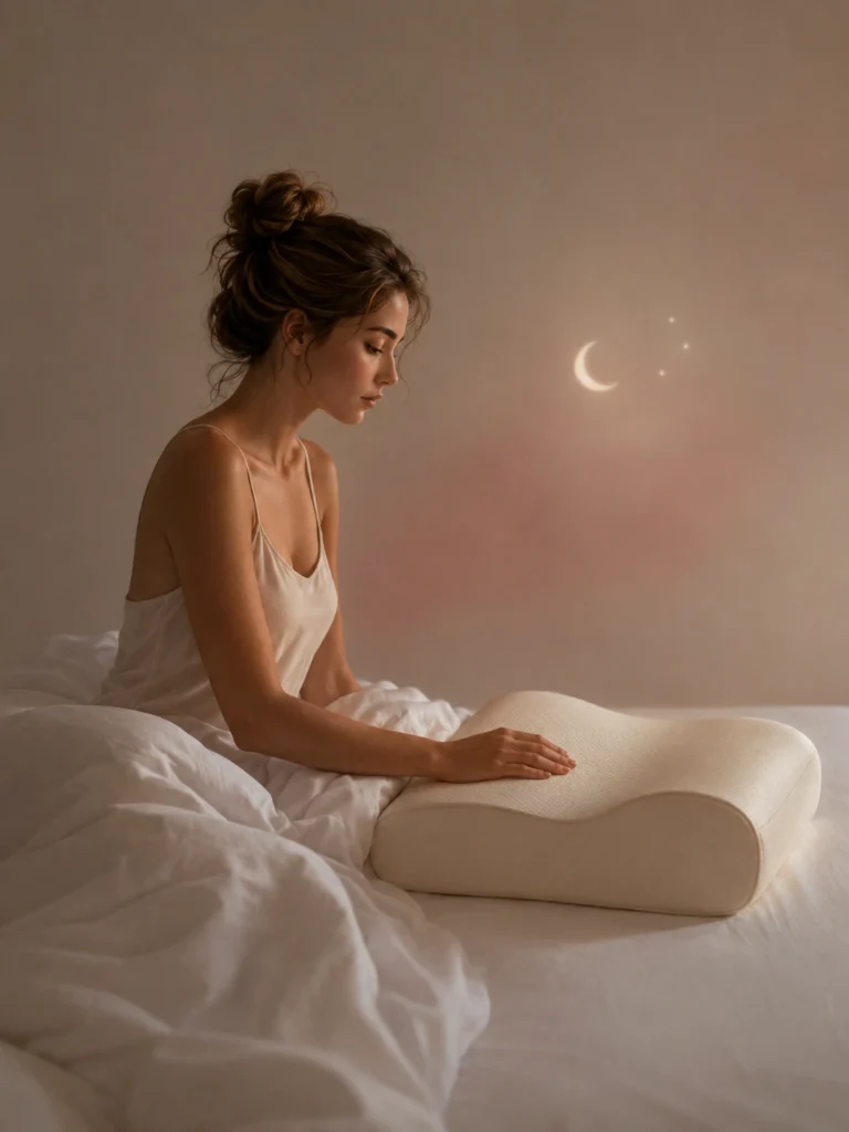 Woman sitting up in bed at night looking at her new pillow with uncertainty — pillow adjustment period