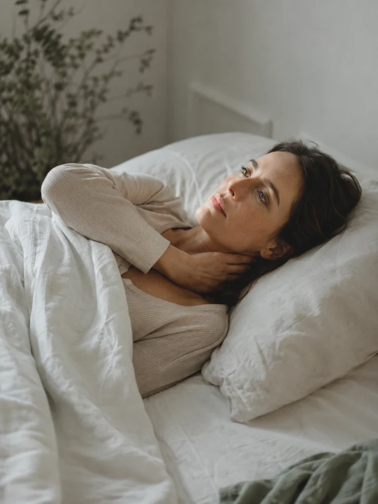 Woman waking up with neck pain and stiffness, wondering if stress or her pillow is the cause
