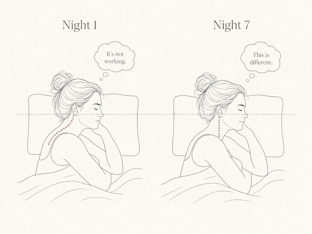 Woman sleeping on side — cervical alignment Night 1 vs Night 7 pillow adjustment