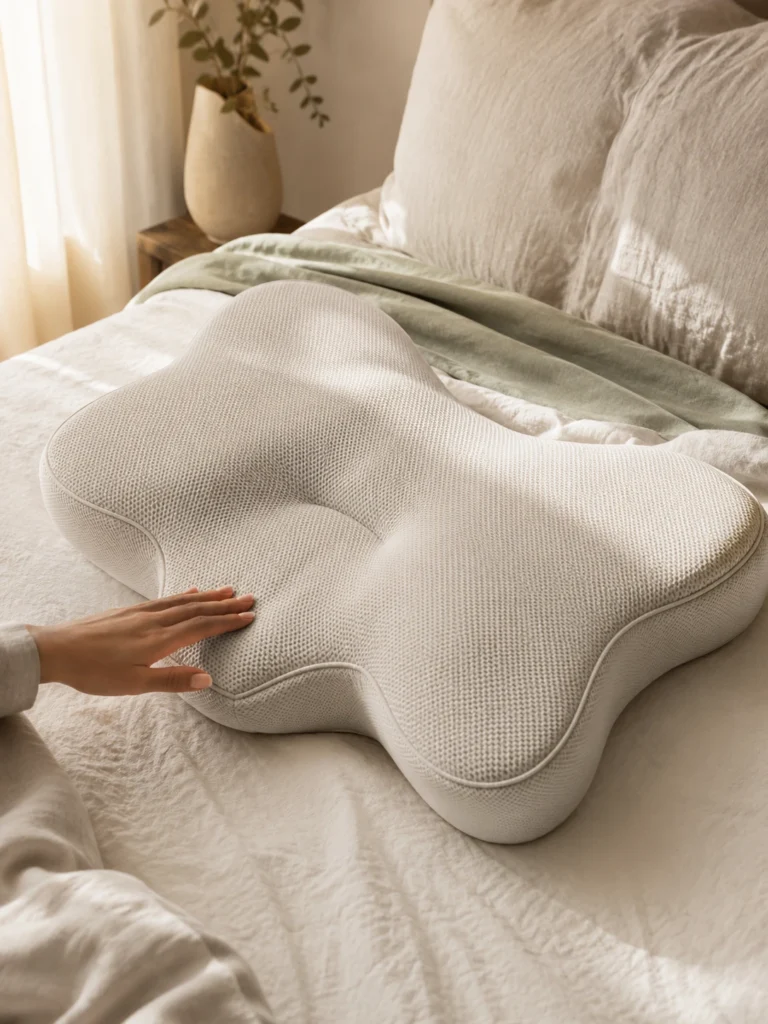 A woman sleeping peacefully on her side in a minimalist bedroom, head resting on an ergonomic contour pillow with natural cervical support, soft morning light