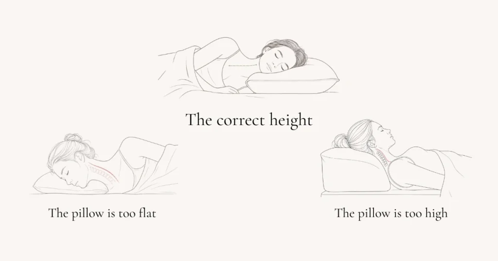 Side sleeper pillow height comparison — too flat, correct height, too high cervical alignment
