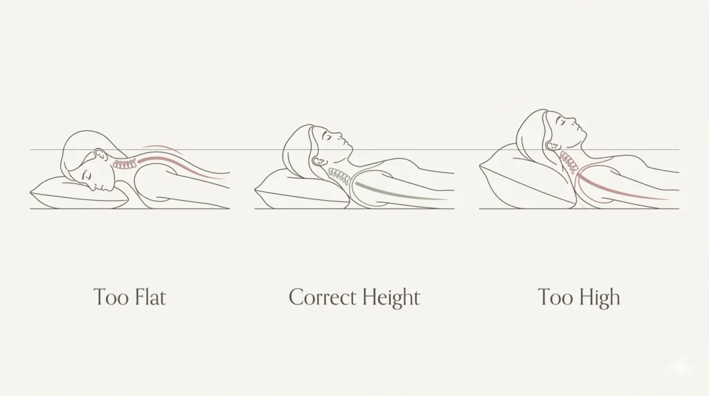 Three-panel diagram comparing pillow too flat, correct pillow height, and pillow too high for a side sleeper, showing how each position affects cervical alignment and upper back tension overnight