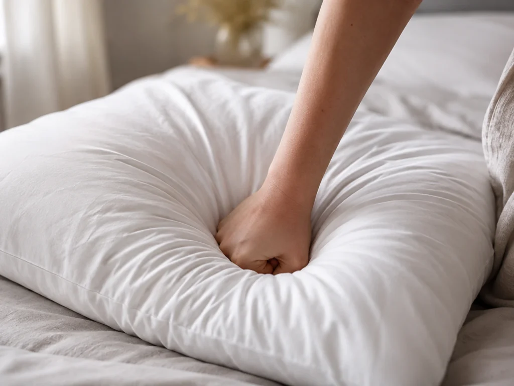 Woman pressing fist into pillow to test loft compression and 
pillow support quality