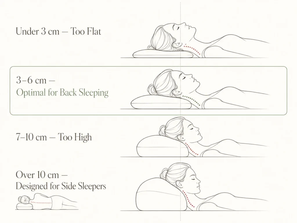 Infographic showing correct pillow loft range for back sleepers — 3 to 6 cm optimal zone for cervical spine alignment — pillow height guide for back sleeper neck pain