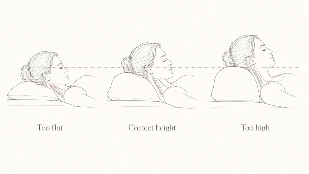 Three panels showing pillow loft comparison for side sleepers — too flat, correct height, and too high — with cervical spine alignment illustrated