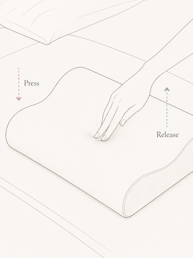 Hand pressing down on a memory foam contour pillow to test shape recovery — a practical check for identifying whether your pillow is contributing to upper back pain after sleeping