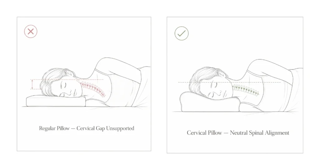 Side-by-side comparison showing spinal misalignment with a regular 
pillow versus neutral cervical alignment with a contour pillow 
during side sleeping