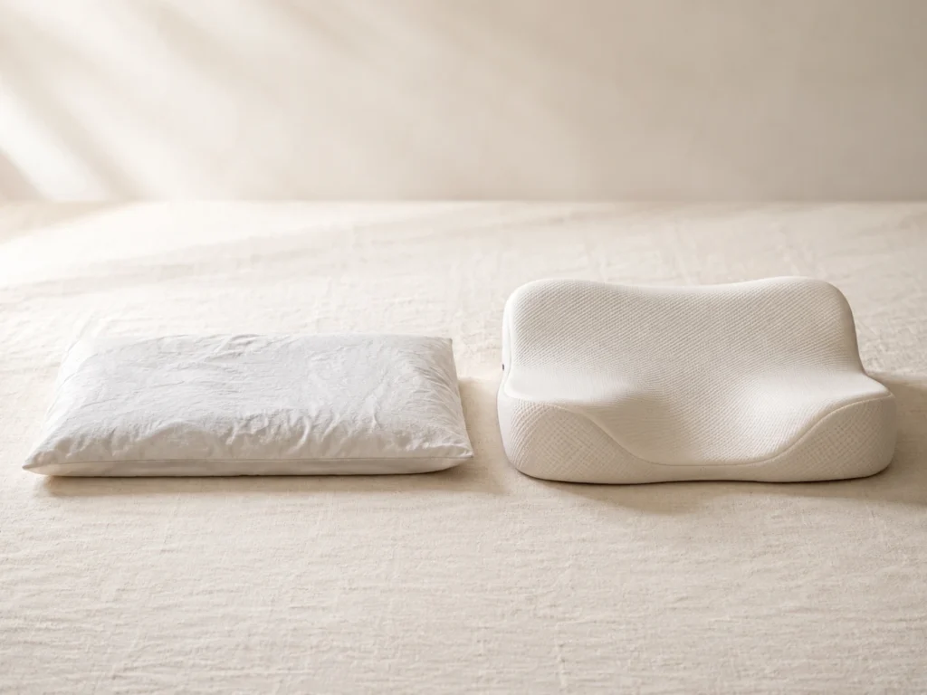 Regular flat pillow versus ergonomic cervical contour pillow showing 
structural difference in shape, loft, and cervical bolster height