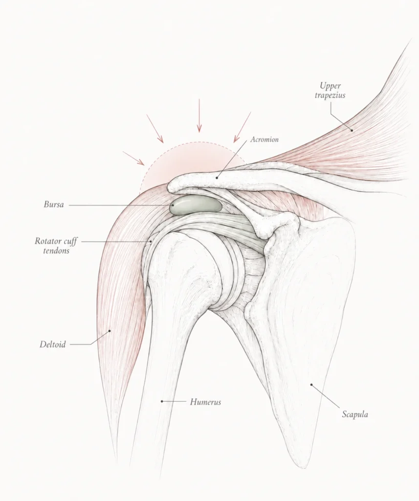Editorial illustration of shoulder joint anatomy showing bursa, rotator cuff tendons and surrounding muscles under compression during side sleeping