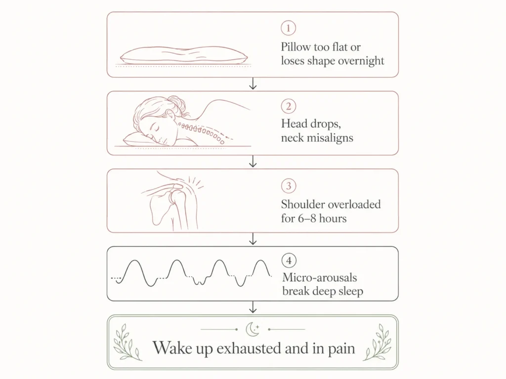 Infographic showing the four-step chain from flat pillow to cervical misalignment, shoulder overload, micro-arousals, and morning exhaustion in side sleepers