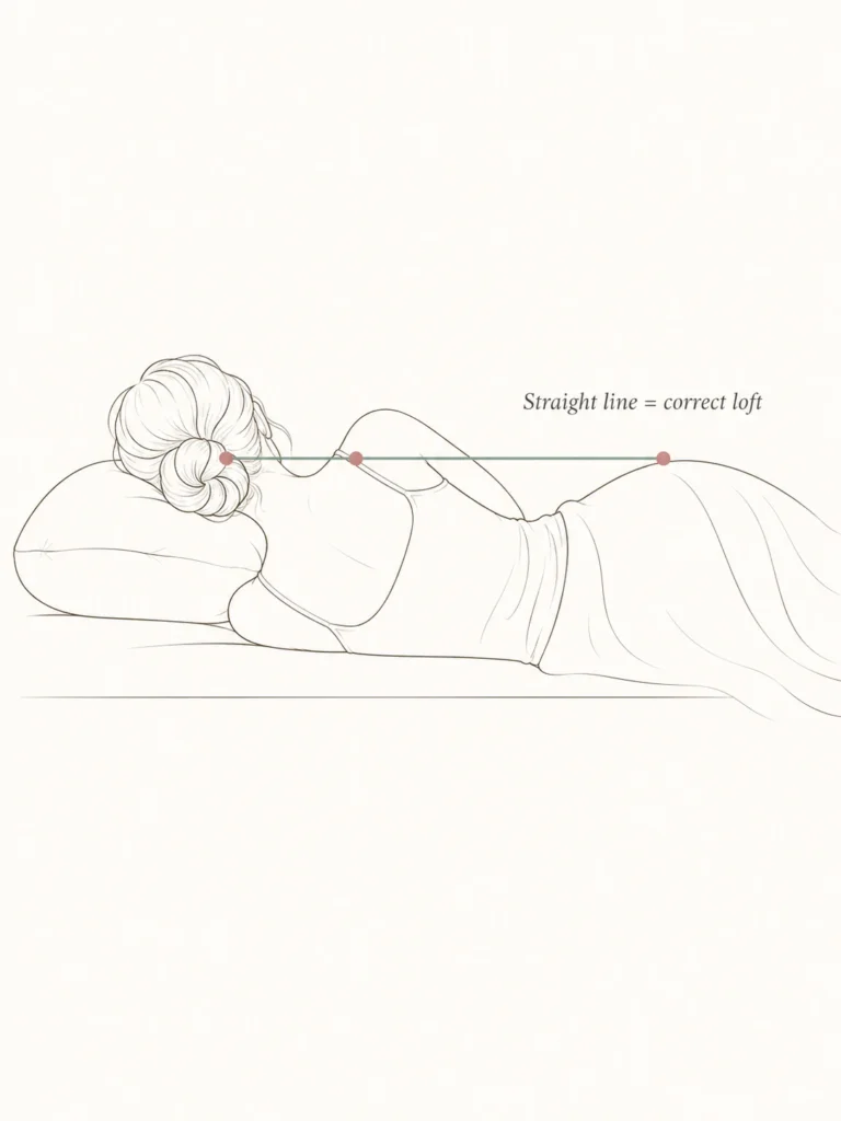 Illustration showing a woman lying on her side with ear, shoulder and hip in a straight horizontal line indicating correct pillow height for side sleepers