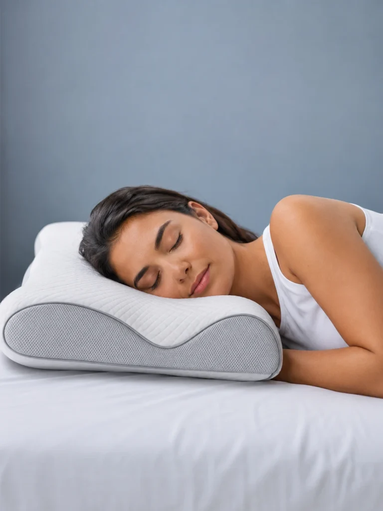 Woman who stopped tossing and turning all night — side sleeper in neutral cervical alignment on contour pillow