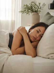 Woman lying on her side in bed holding her shoulder after waking up with shoulder pain from sleeping on her side