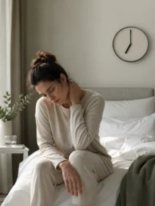 Woman sitting on edge of bed exhausted after 8 hours of sleep — still tired despite a full night