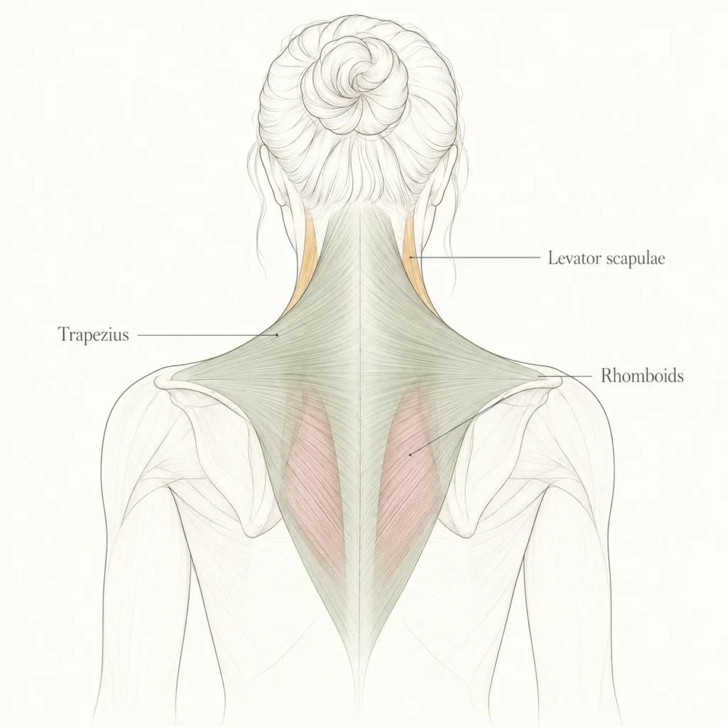 Anatomical diagram of the female upper back showing three muscle groups that accumulate tension during sleep: rhomboids between shoulder blades, trapezius from skull to mid back, and levator scapulae connecting cervical spine to shoulder blade