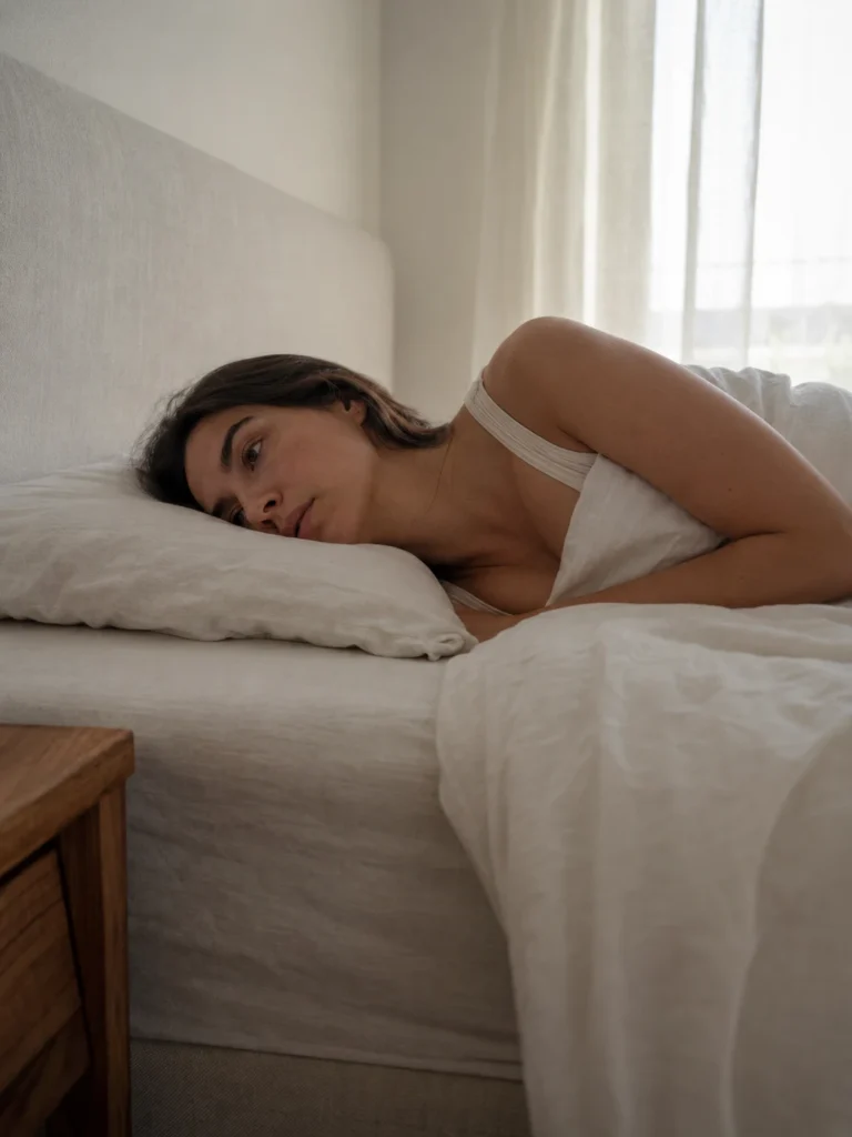 Woman lying on her side in bed in the morning with a flat compressed pillow not supporting her neck — a common cause of upper back pain after sleeping