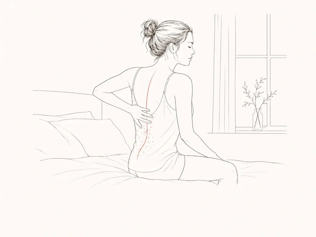 Woman sitting on the edge of her bed in the morning holding her upper back between the shoulder blades after sleeping