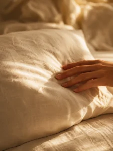 Woman's hand resting on a rumpled cream pillow in warm morning light — illustrating waking up with a stiff neck every morning