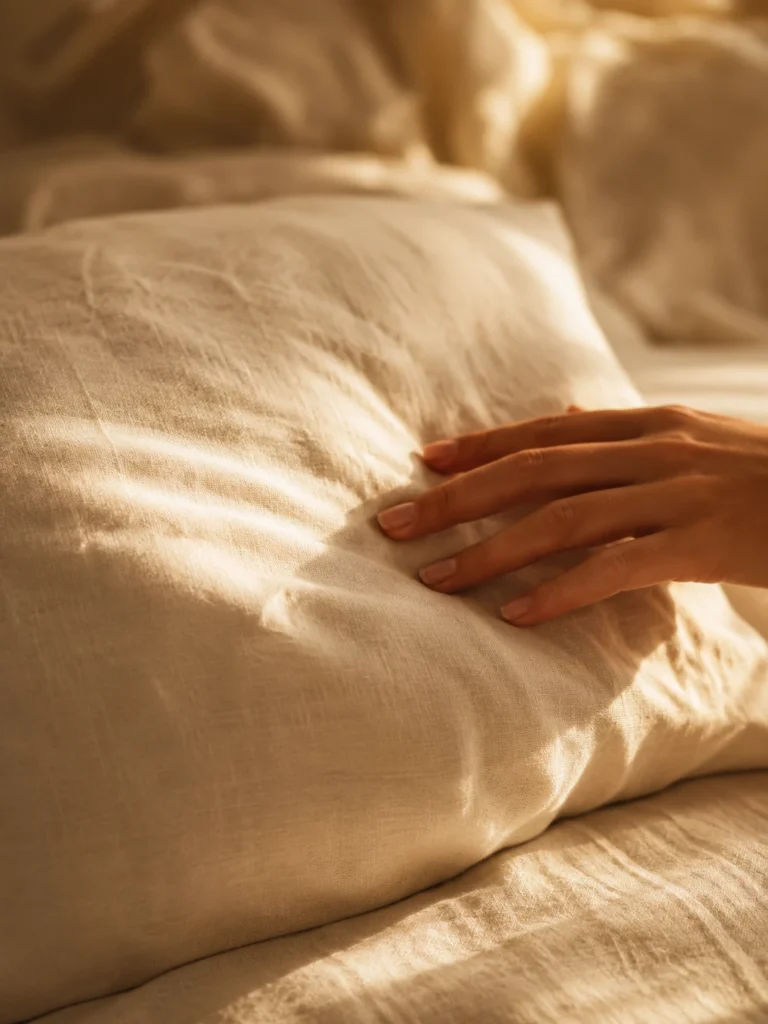 Woman's hand resting on a rumpled cream pillow in warm morning light — illustrating waking up with a stiff neck every morning