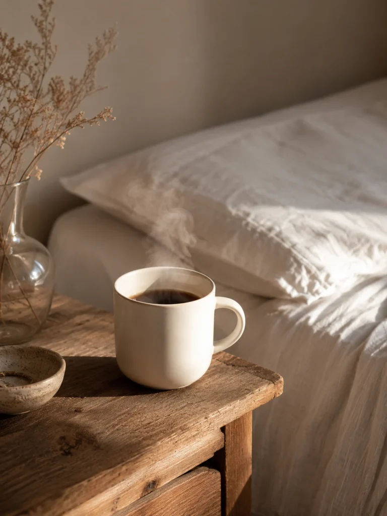 Morning coffee on bedside table with a flat compressed pillow in the background — waking up with a headache every morning — Fondielle sleep environment guide