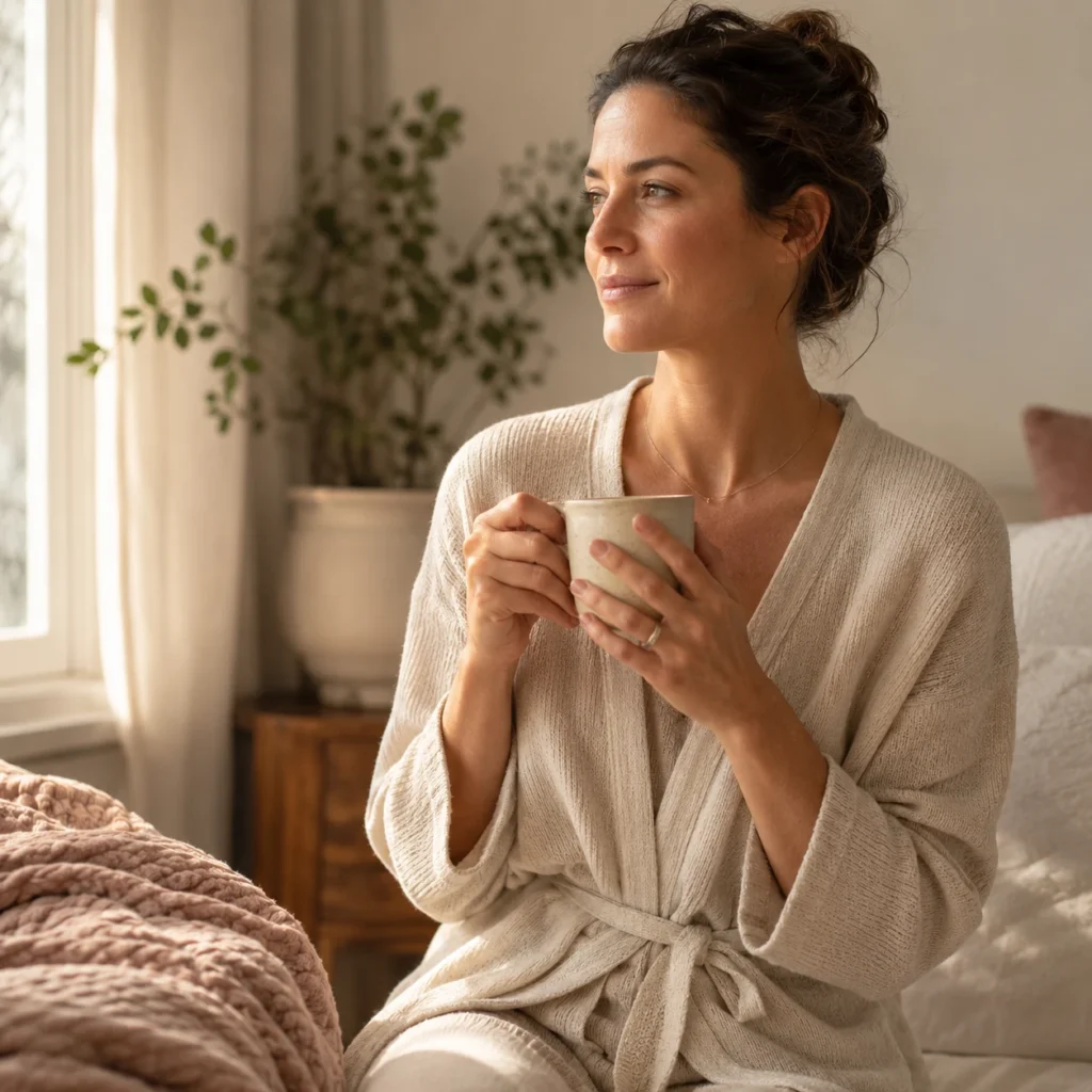 Woman waking up relaxed and pain-free, holding coffee with loose neck and shoulders in soft morning light