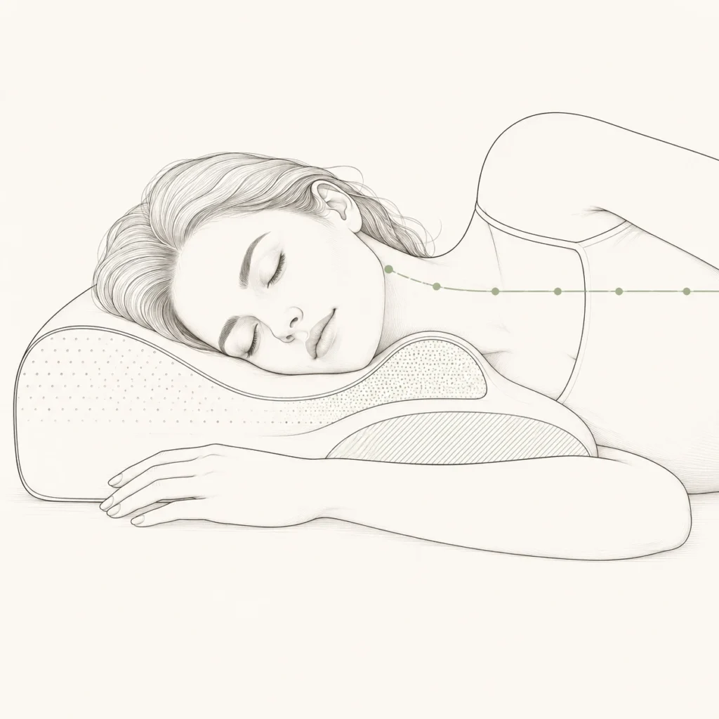 Woman sleeping on her side on an ergonomic contour pillow with neutral cervical spine alignment