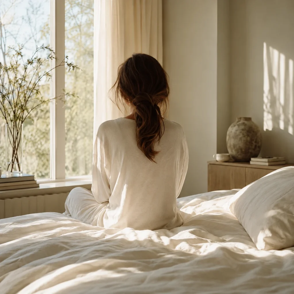 Woman sitting on the edge of a bed in soft morning light, 
shoulders relaxed, after a pain-free night's sleep