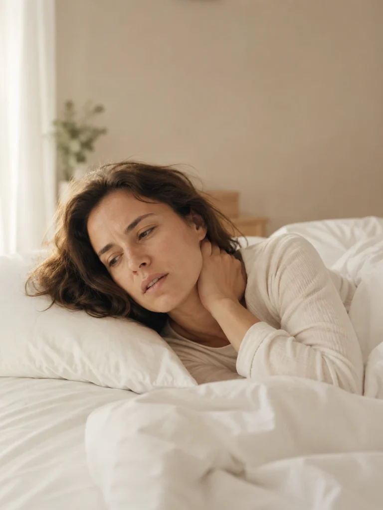 Woman waking up with morning neck stiffness after sleeping on a flat regular pillow — cervical pillow vs regular pillow guide