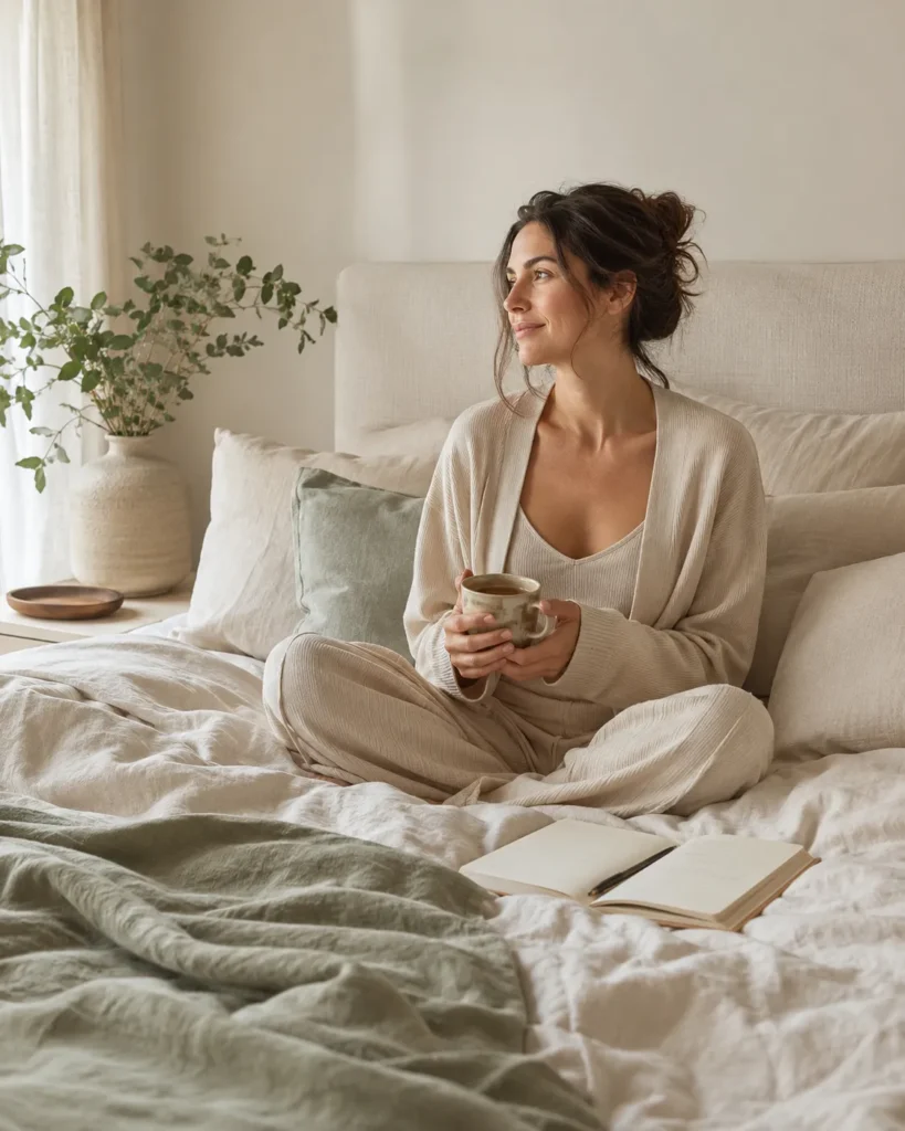 Woman holding a cup of tea in a peaceful bedroom, reflecting a relaxing morning routine for better sleep.
